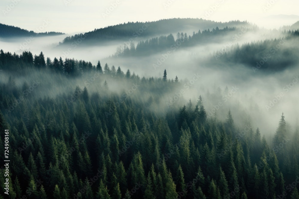 A captivating image of a foggy forest, with a plethora of trees obscured by a soft veil of mist, Thick fog covering a dense coniferous forest, seen from a bird's eye view, AI Generated