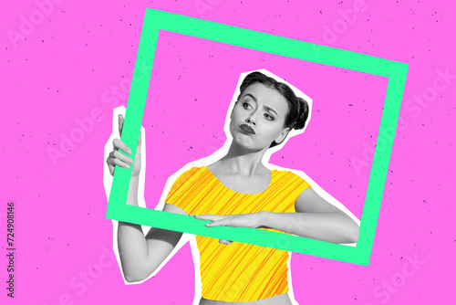3d retro abstract creative artwork template collage of funny doubtful lady holding photo frame isolated pink neon color background