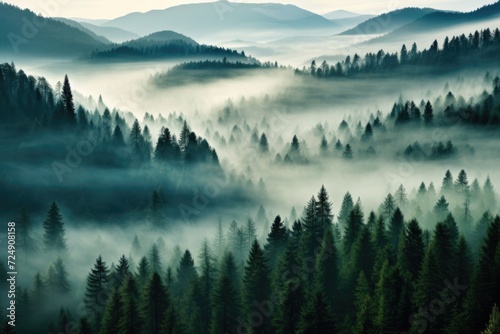 Journey through a magical forest with an endless array of trees shrouded in a mysterious fog, Thick fog covering a dense coniferous forest, seen from a bird's eye view, AI Generated © Iftikhar alam