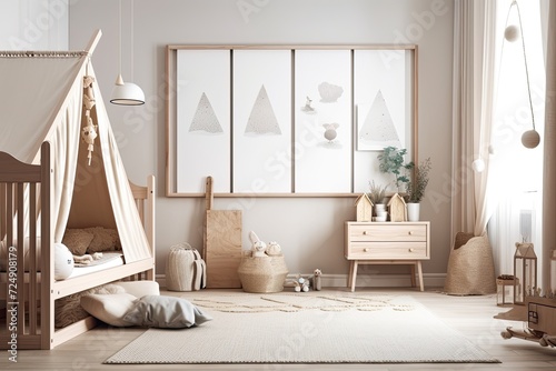 Mockup of a wooden nursery with a frame and blurred background. crib with a canopy, carpet, and toys interior design in the past