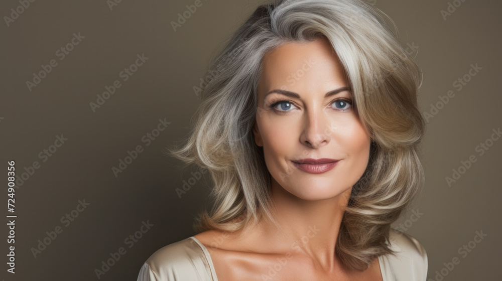 Portrait of smiling blond 45 yo mid age woman studio portrait Portrait of smiling blond 45 yo mid age woman studio portrait