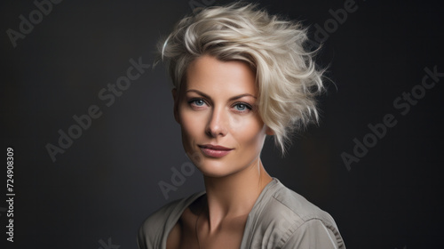 Portrait of smiling blond 45 yo mid age woman studio portrait