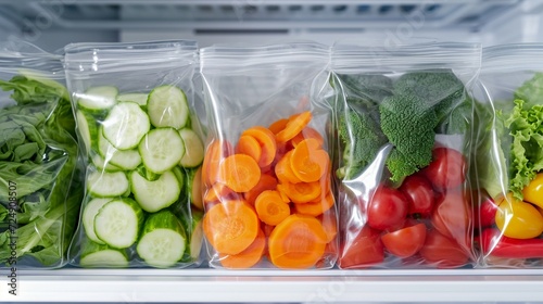 Vacuum bags with different vegetables in the fridge, vacuum bags with vegetables, vegetables vacuumed in the bags, vegetables preserved with vacuumed, vegetables preserved in the fridge, vegetables photo