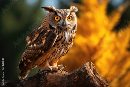 An owl perched on a sturdy tree branch, observing its surroundings with keen eyes. © pham