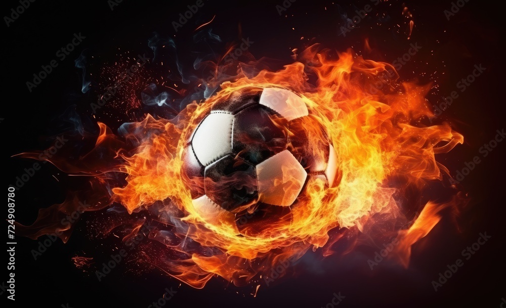 Fototapeta premium A soccer ball, set on fire, is showcased against a dark black background, creating a striking visual.