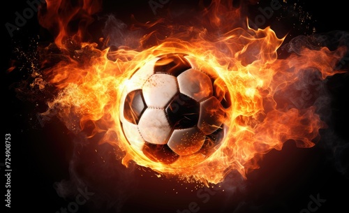 A soccer ball engulfed in flames is captured against a stark black background.