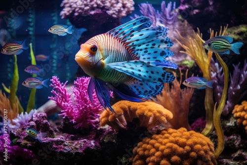 Fish Swimming in Water, A Serene Underwater Moment of Aquatic Life, Tropical fish showcased in an aquarium, providing a glimpse into the underwater world, AI Generated