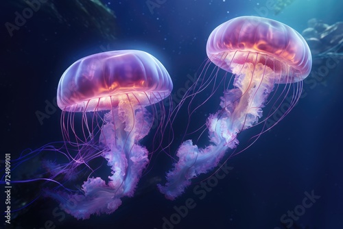 Capture the tranquility of the ocean with this snapshot of jellyfish gracefully floating amidst the waves, Two jellyfish swimming in the water, 3D rendering, AI Generated © Iftikhar alam