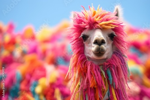 A llama with vibrant and multicolored hair stands confidently in a grassy field.