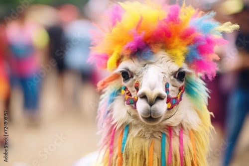 A llama stands proudly with a vibrant and ornate headdress adorning its head.