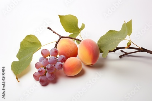 A variety of fresh fruits arranged on a branch, showcasing the vibrant colors and natural goodness of natures bounty, Two peaches and a grape branch on a white background, AI Generated