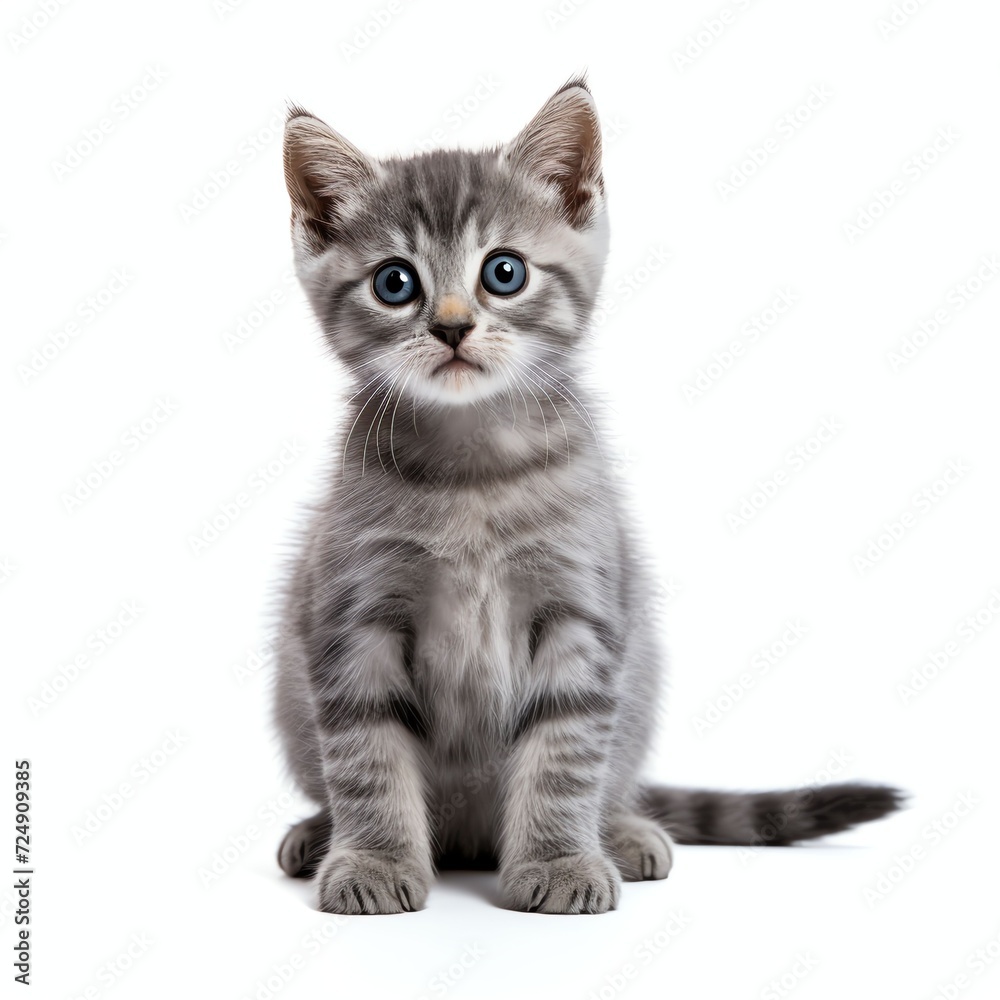 a curious grey kitten, studio light , isolated on white background