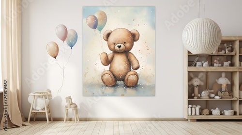 Cute teddy bear artistic illustration painting reproduction kids nursery background