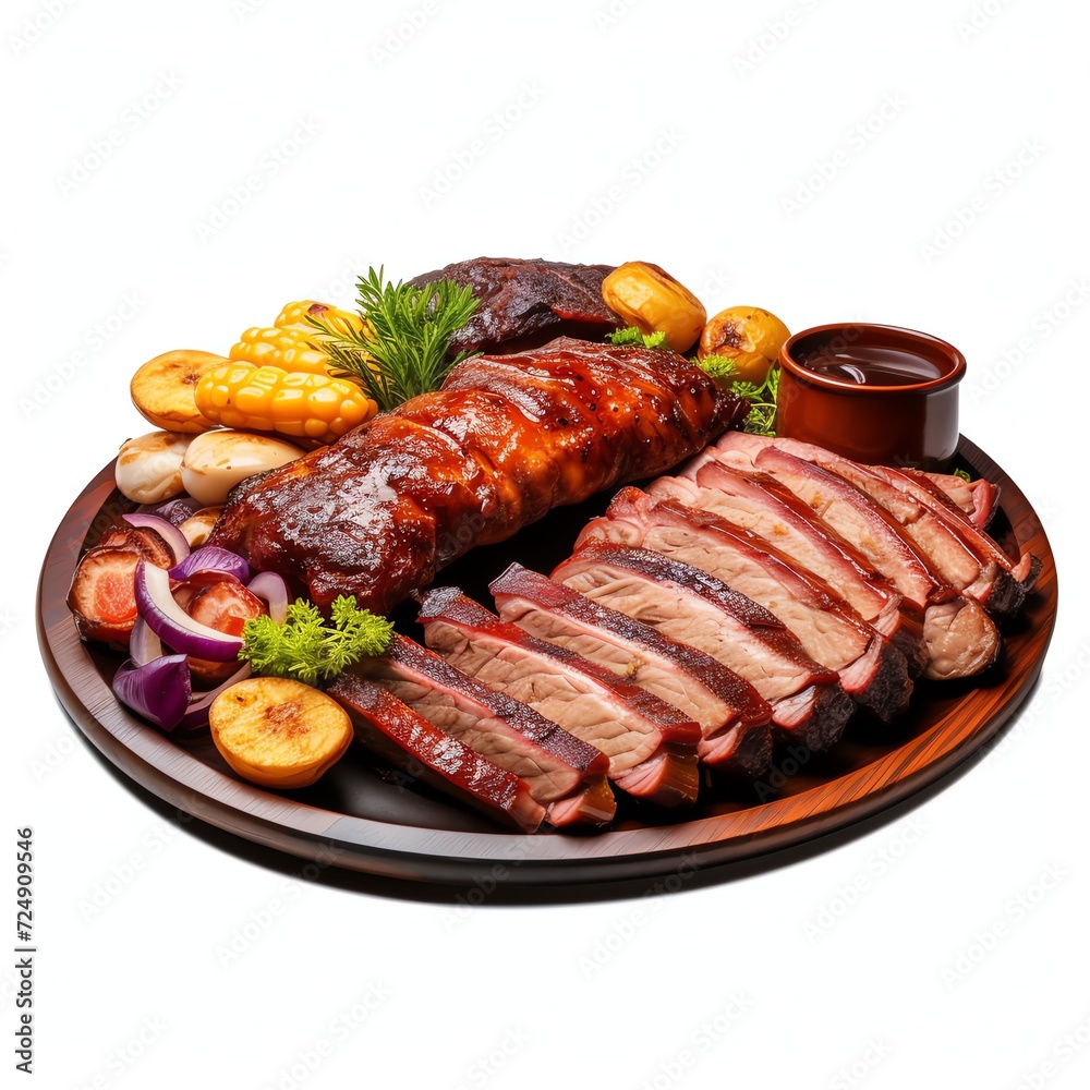 a cowboy platter pork brisket ribs sausage, studio light , isolated on white background