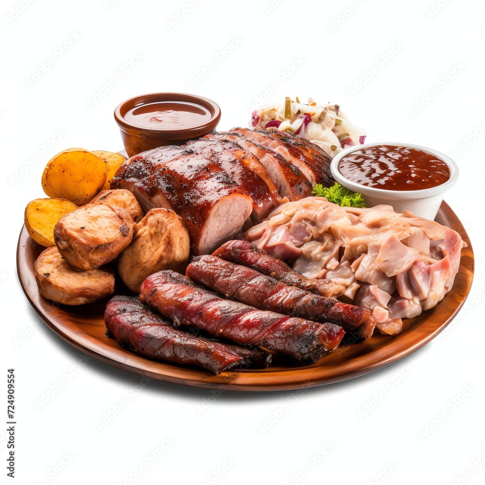 a cowboy platter pork brisket ribs sausage, studio light , isolated on white background