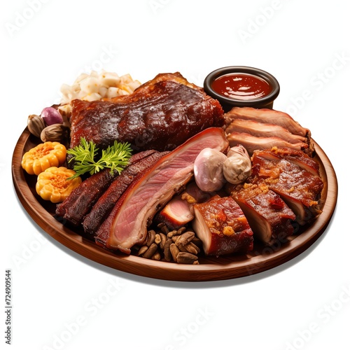 a cowboy platter pork brisket ribs sausage, studio light , isolated on white background