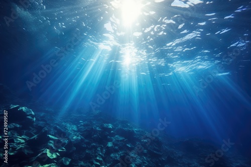 Sunlight Filters Through Sparkling Ocean Waves in Stunning Display of Natures Beauty, Underwater Ocean - Blue Abyss With Sunlight - Diving And Scuba Background, AI Generated