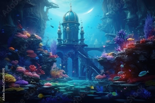 Painting of Building Surrounded by Water, Serene Reflections of Architectural Beauty, Underwater world depicted in a fantasy landscape, 3D rendering, AI Generated