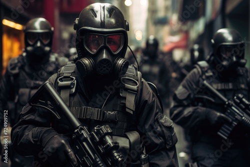 Group of Men in Gas Masks Walking, Urban Enforcers, An image of futuristic soldiers in urban warfare gear, wearing face masks to combat airborne threats in a dystopian city setting, AI Generated