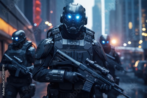 Group of People in Futuristic, Urban Enforcers, An image of futuristic soldiers in urban warfare gear, wearing face masks to combat airborne threats in a dystopian city setting, AI Generated