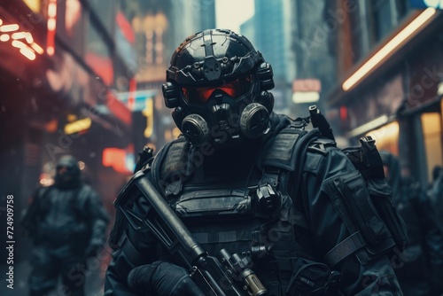 Man in Gas Mask Holding Rifle, Urban Enforcers, An image of futuristic soldiers in urban warfare gear, wearing face masks to combat airborne threats in a dystopian city setting, AI Generated