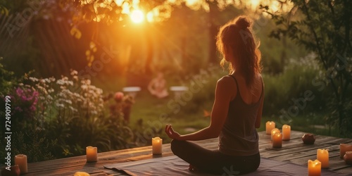 A young woman doing a yoga with candles in spring evening garden