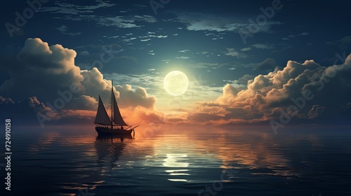 Digital art moon and boat