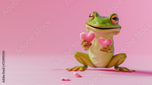 Frog holding pink hearts