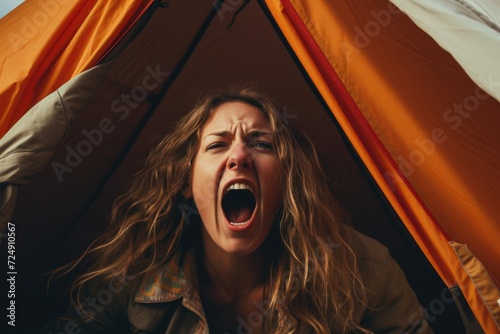 A womans jaw drops in astonishment as she stands inside a tent, reacting to something unexpected, Woman screaming in a tent, AI Generated photo