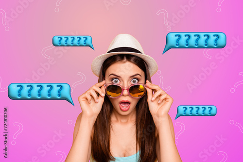 Photo collage image of impressed girl with open mouth hand hold sunglass have many questions wtf isolated on colorful gradient background