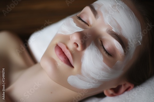 A woman resting with a facial mask on, promoting skin rejuvenation and relaxation, Woman with eyes closed and white facial mask on face in SPA, AI Generated