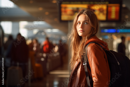 Young woman, female traveler with red hair looks at the camera, she is wearing an orange jacket, a travel backpack over her shoulders, standing at the airport or train station