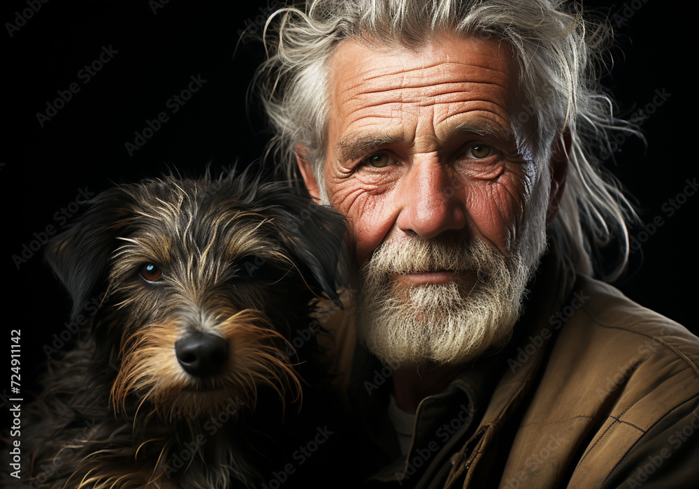 Portrait of a moment of affection between an elderly farmer man and his dog. Care and attention. Domestic and farm animals. Portrait of a moment of affection between an elderly farmer man and his dog. Care and attention. Domestic and farm animals.