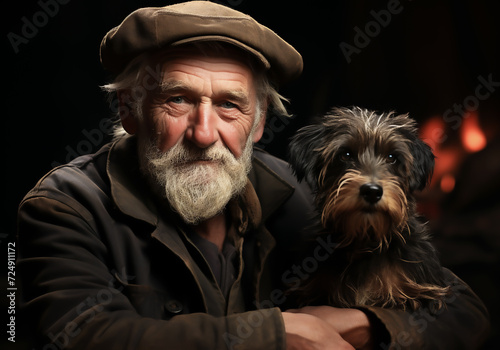 Portrait of a moment of affection between an elderly farmer man and his dog. Care and attention. Domestic and farm animals.