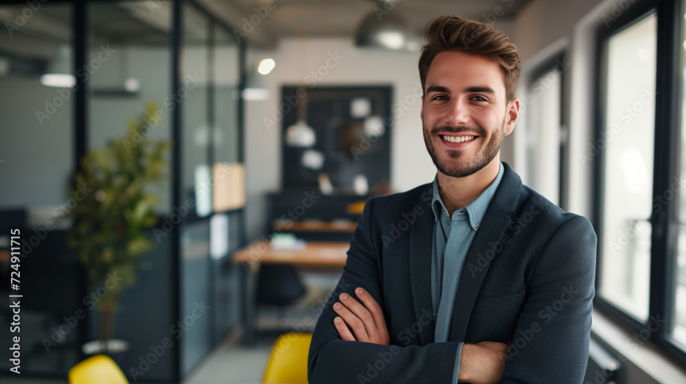 Fototapeta premium Smiling confident young businessman looking at camera standing in office, Ai generated image