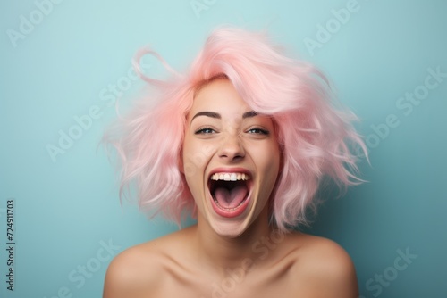 A woman with vibrant pink hair wearing a startled expression on her face, young laughing woman with pastel pink hair, tongue sticking out, blue eyes, AI Generated