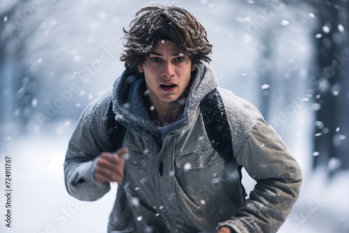 A young man energetically sprints through a snowy landscape, embracing the winter weather, Young man running in winter, snowy weather, AI Generated