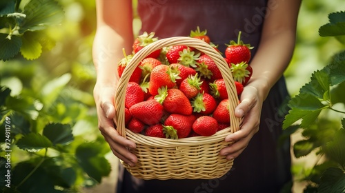 Female gardener carrying basket with fresh strawberries