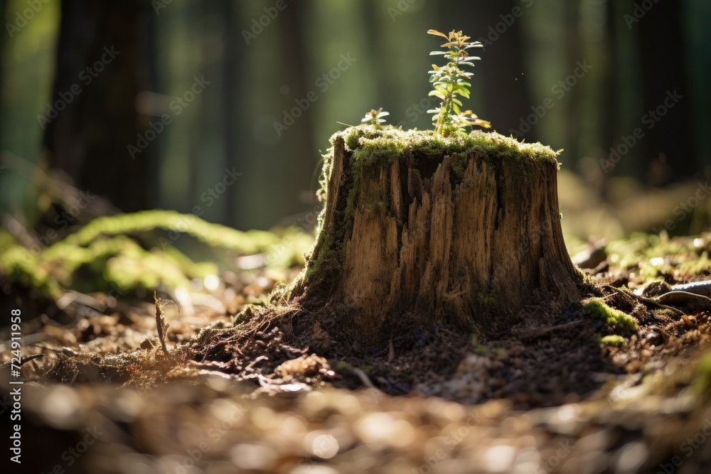 A solitary tree stump rests calmly amidst the dense foliage of a serene forest, Young tree emerging from old tree stump, AI Generated A solitary tree stump rests calmly amidst the dense foliage of a serene forest, Young tree emerging from old tree stump, AI Generated