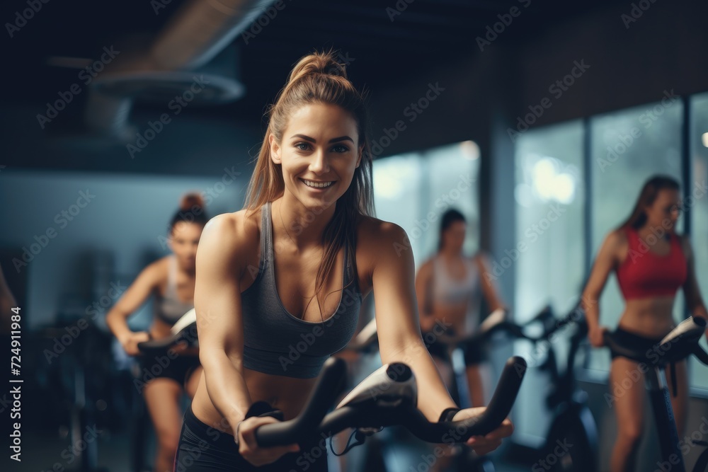 A group of women cycling on stationary bikes in a fitness facility, Young woan Crushing Cardio Goals with Exercise Bike, AI Generated A group of women cycling on stationary bikes in a fitness facility, Young woan Crushing Cardio Goals with Exercise Bike, AI Generated