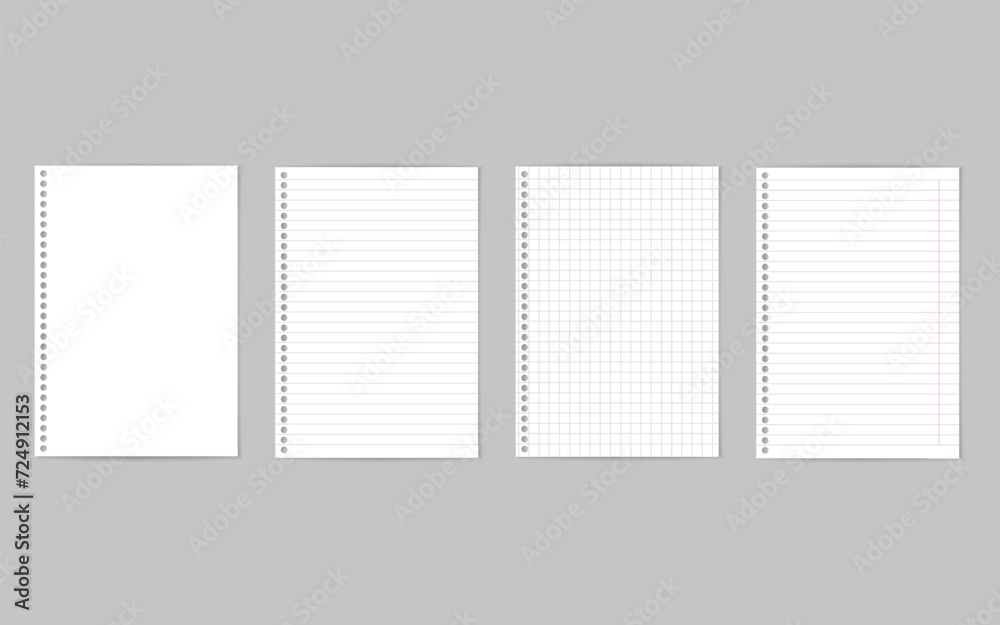 Set of realistic vector illustration of blank sheets of square and lined paper from a block isolated on a gray background Set of realistic vector illustration of blank sheets of square and lined paper from a block isolated on a gray background
