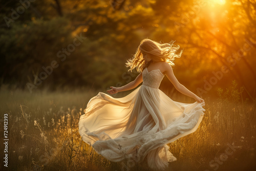 a young girl in a dress dancing in a grassy field under the sunshine