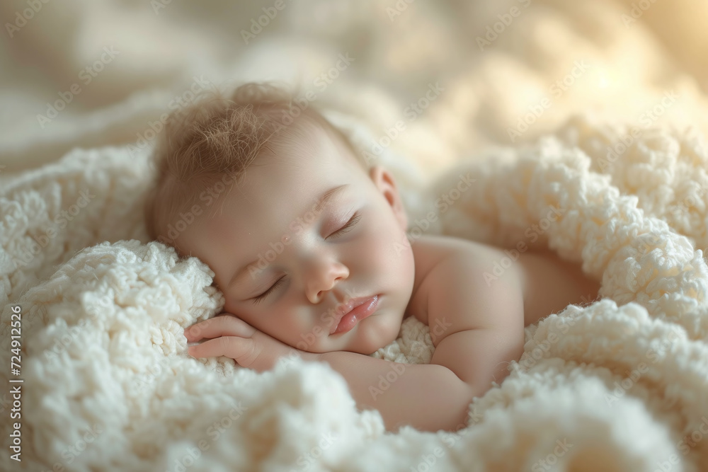 Adorable Caucasian newborn baby fall asleep so comfortable in bed. Newborn baby take a nap and rest alone.