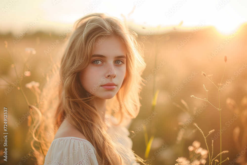 portrait of a young girl with a fair complexion, in a sunny field portrait of a young girl with a fair complexion, in a sunny field