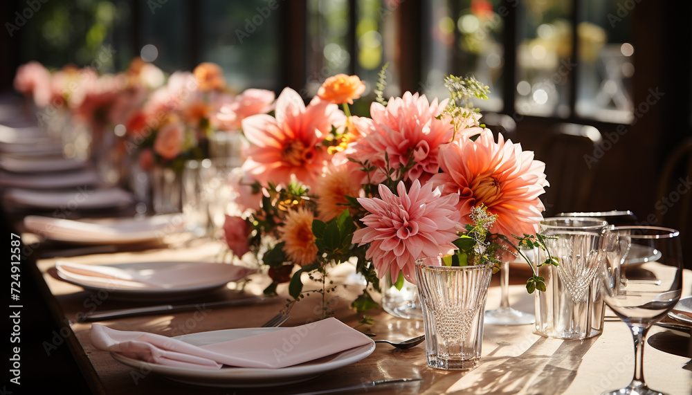 Elegant table setting with floral bouquet centerpiece generated by AI