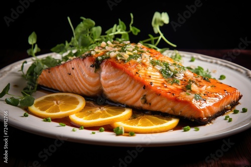 Fresh Salmon With Lemon Slices on a White Plate, Zesty citrus salmon, featuring a perfectly cooked fillet of salmon marinated with a tangy citrus glaze, AI Generated