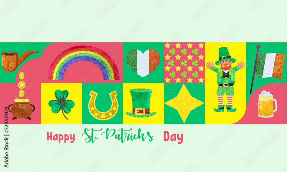 St. Patrick day poster. Watercolor elements banner. Vector illustration in geometric minimalist style.