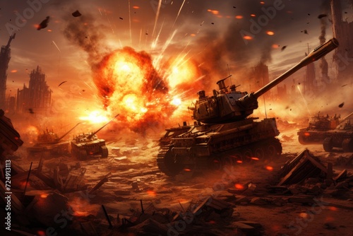An image featuring a cluster of tanks buried in the dirt, emphasizing their placement and surroundings., Modern artillery and anti-aircraft guns on a battlefield, AI Generated