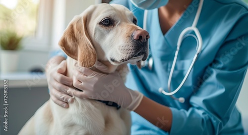 A big dog is being checked by a veterinarian