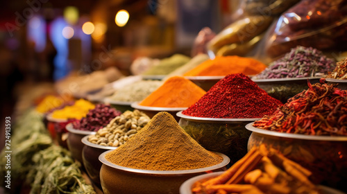Spices Market with colourful mood. Multicolor spices sold at Bazaar. Selected focus, copy space, colorful background